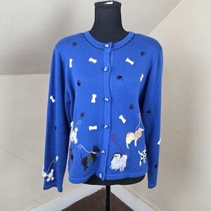 Tale of the Whale Dog Cardigan Sweater Blue Size M Hand Embroidered